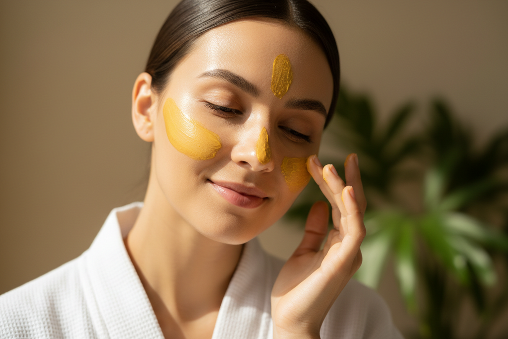 show a female with clear clean skin using turmeric skin care 
