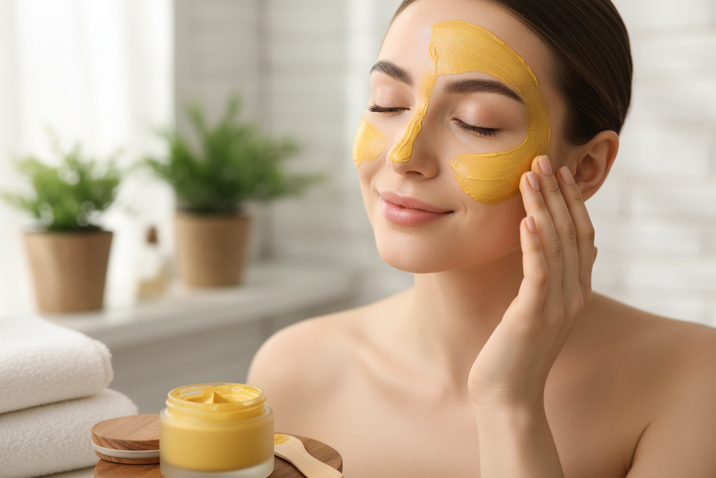 show a female with clear clean skin using turmeric skin care 