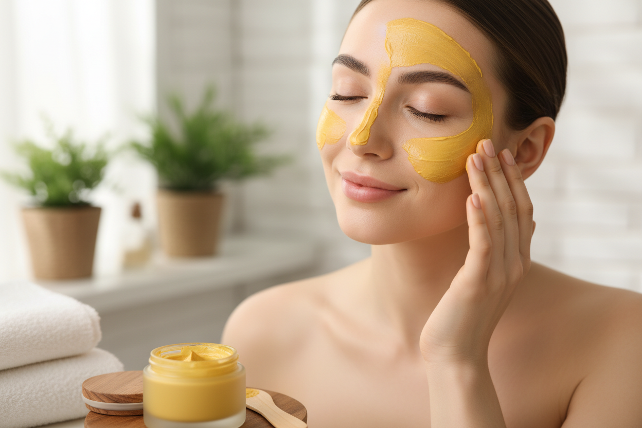 show a female with clear clean skin using turmeric skin care 